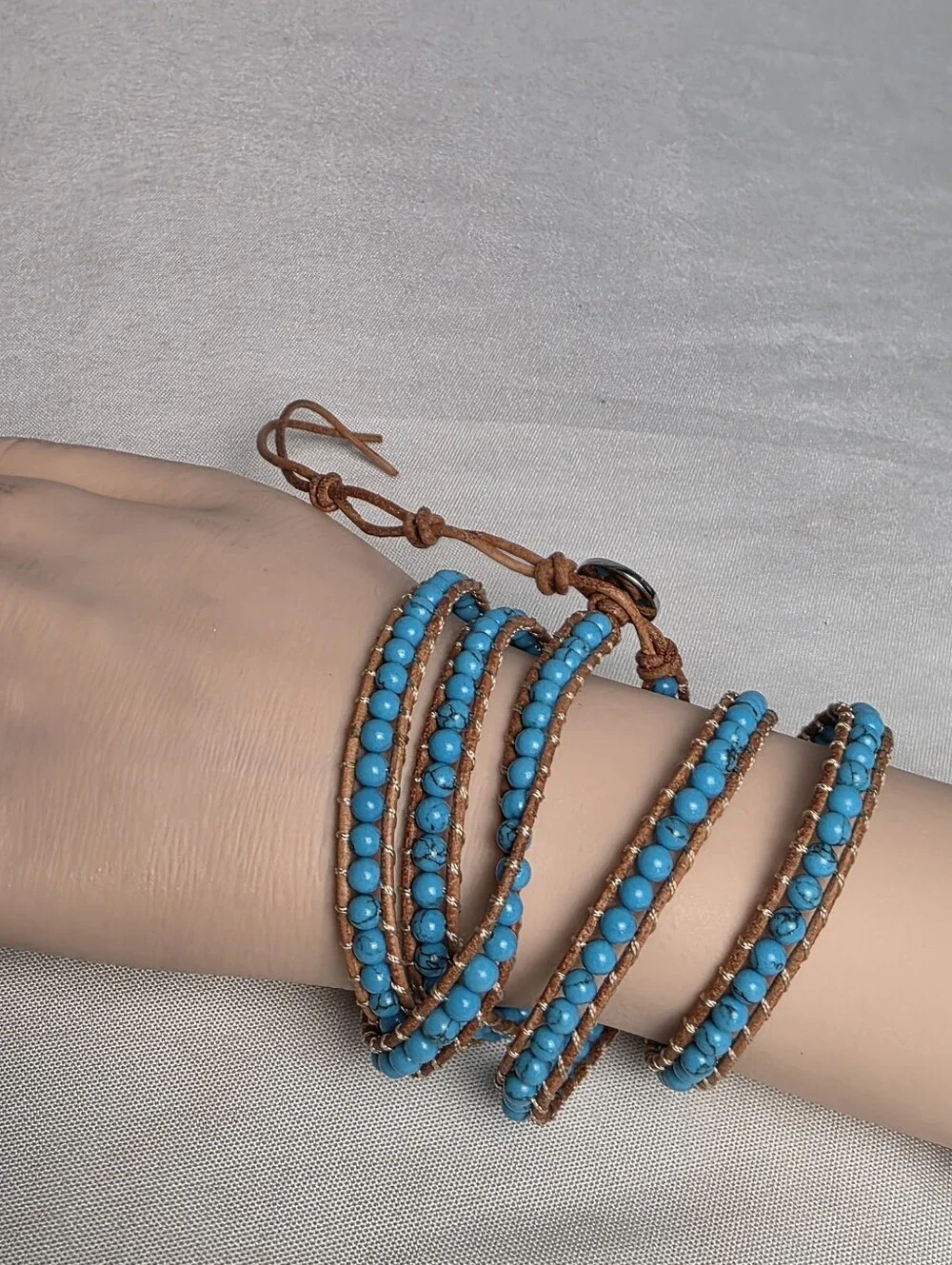 Victoria Emerson Turquoise Color Beaded Brown Leather Wrap Bracelet 33-36